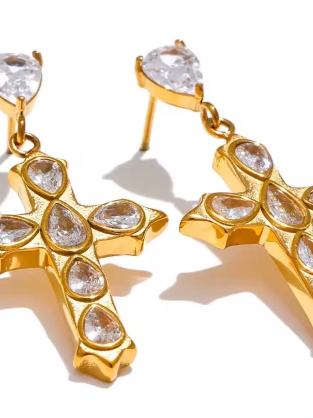 18 K plated Gold Cross Drop Earrings with Clear Stones